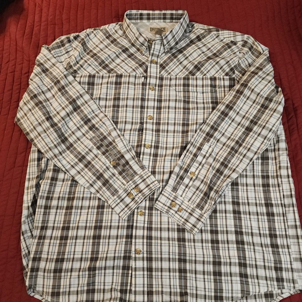 F9 Duluth Trading Co Mens 3XL Tall Brown Plaid Long Sleeve Button Up Utility